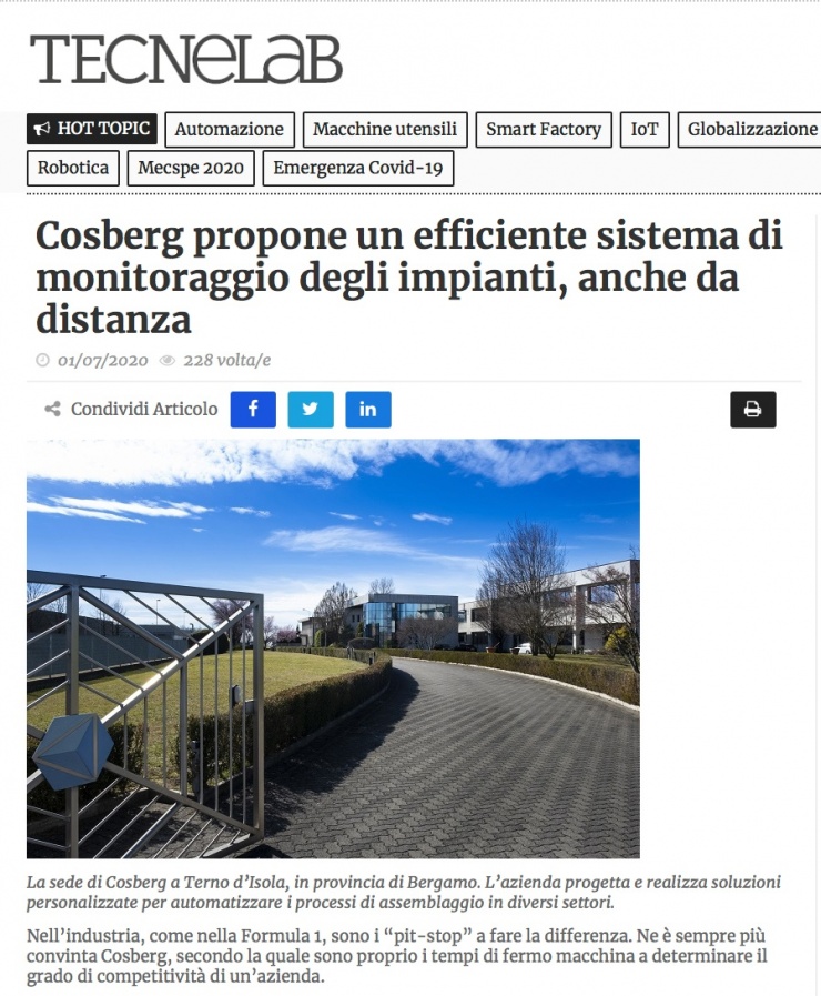 Il nuovo sistema di monitoraggio Cosberg su TecneLab